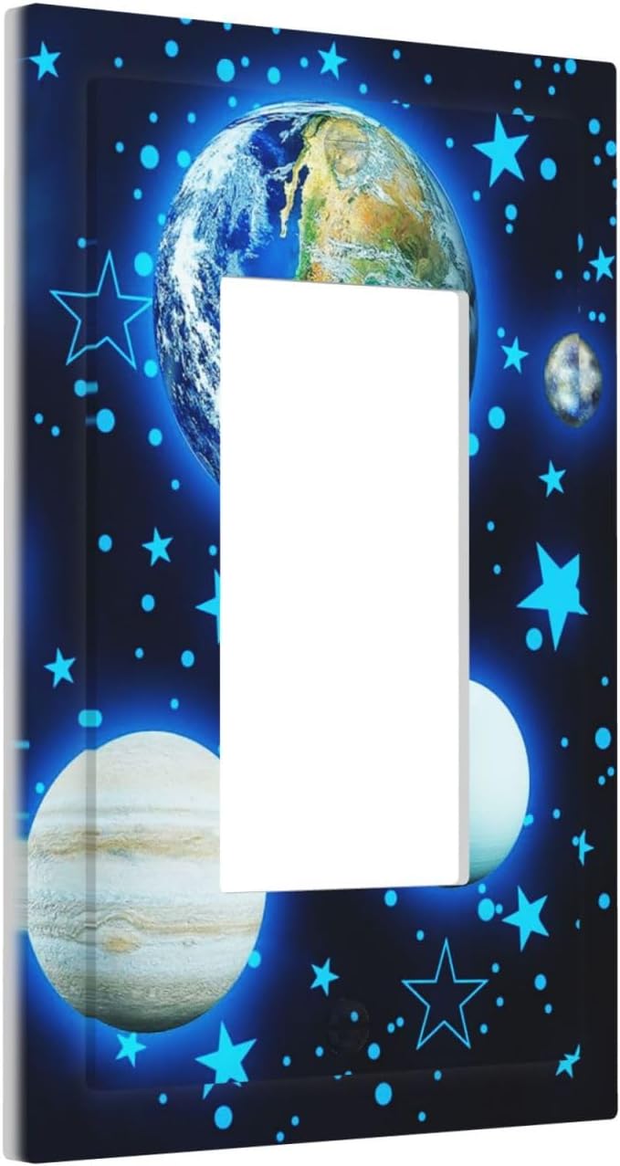 DJTRRF Blue Stars Planet 1 Gang Light Switch Cover Decorative Wall Plate Single Rocker GFCI Switchplate Electrical Faceplate for Home Nursery Decor - Image 1